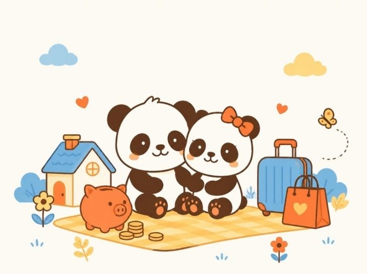 Panda pasangan piknik dikelilingi rumah, celengan, koper, dan tas belanja
